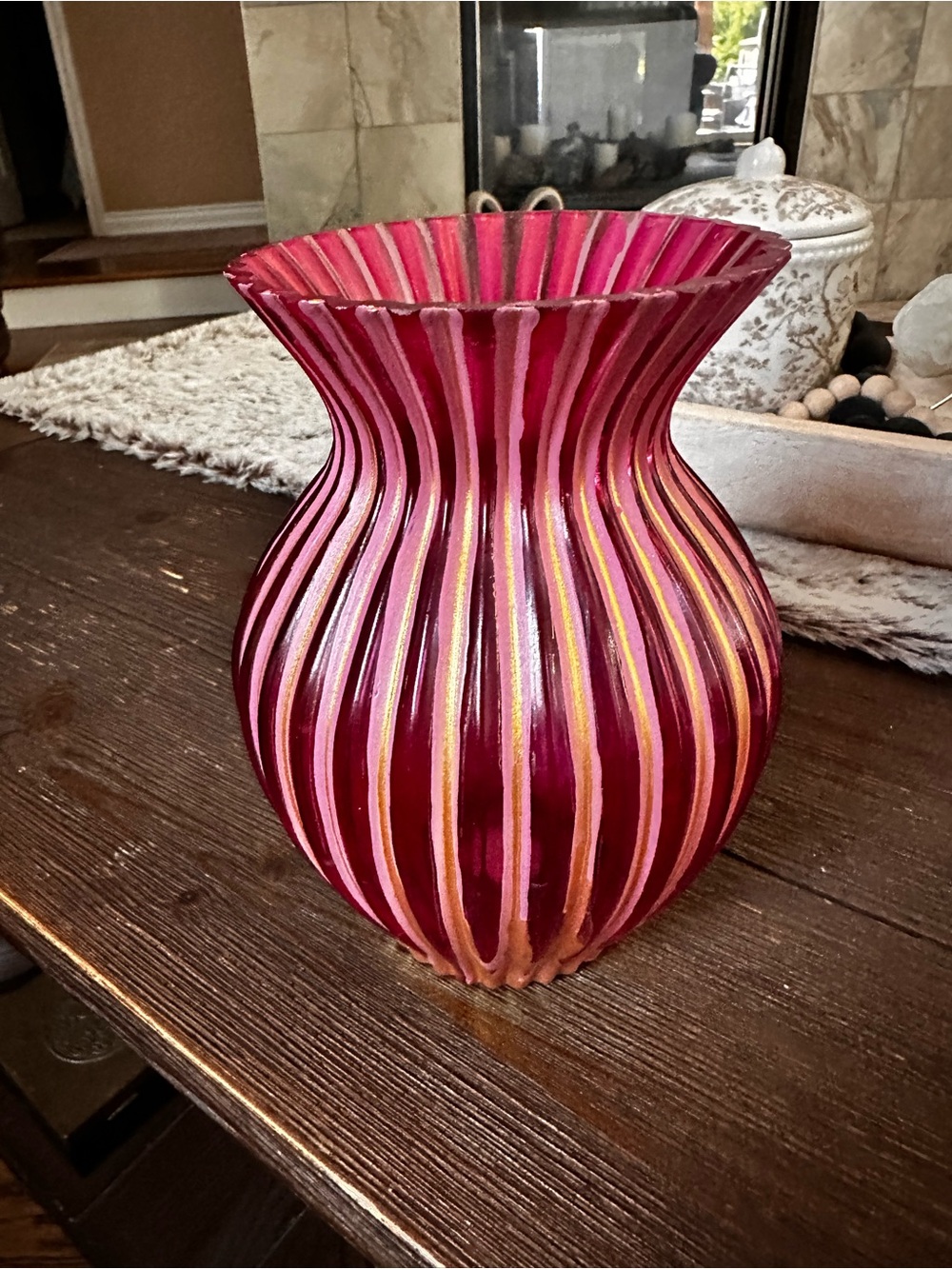 Hand crafted pink Glass Ribbed Vase with Gold Accents
